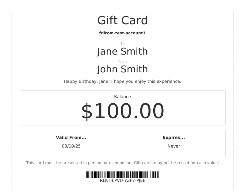 Gift card PDF displaying $100 balance, recipient Jane Smith, sender John Smith, and expiration set to “Never.”