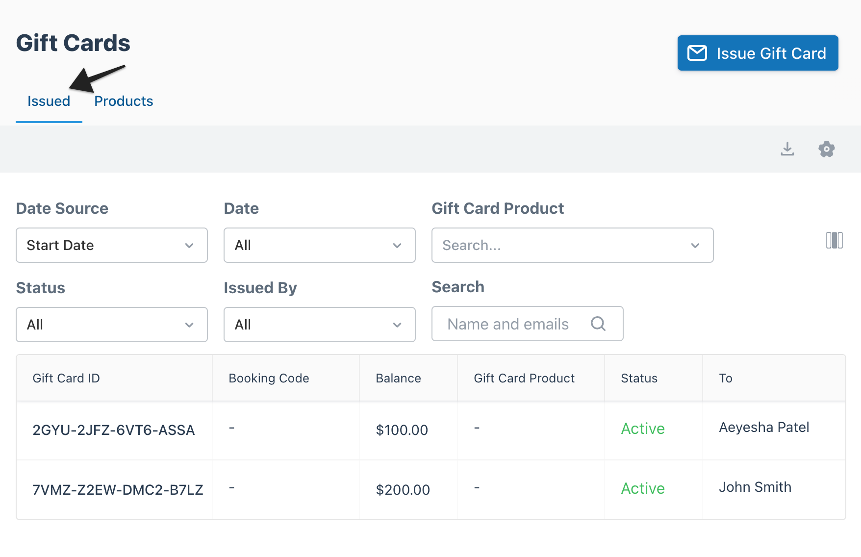 Gift Cards page with the Issued tab highlighted, showing access to the list of issued gift cards and related options.