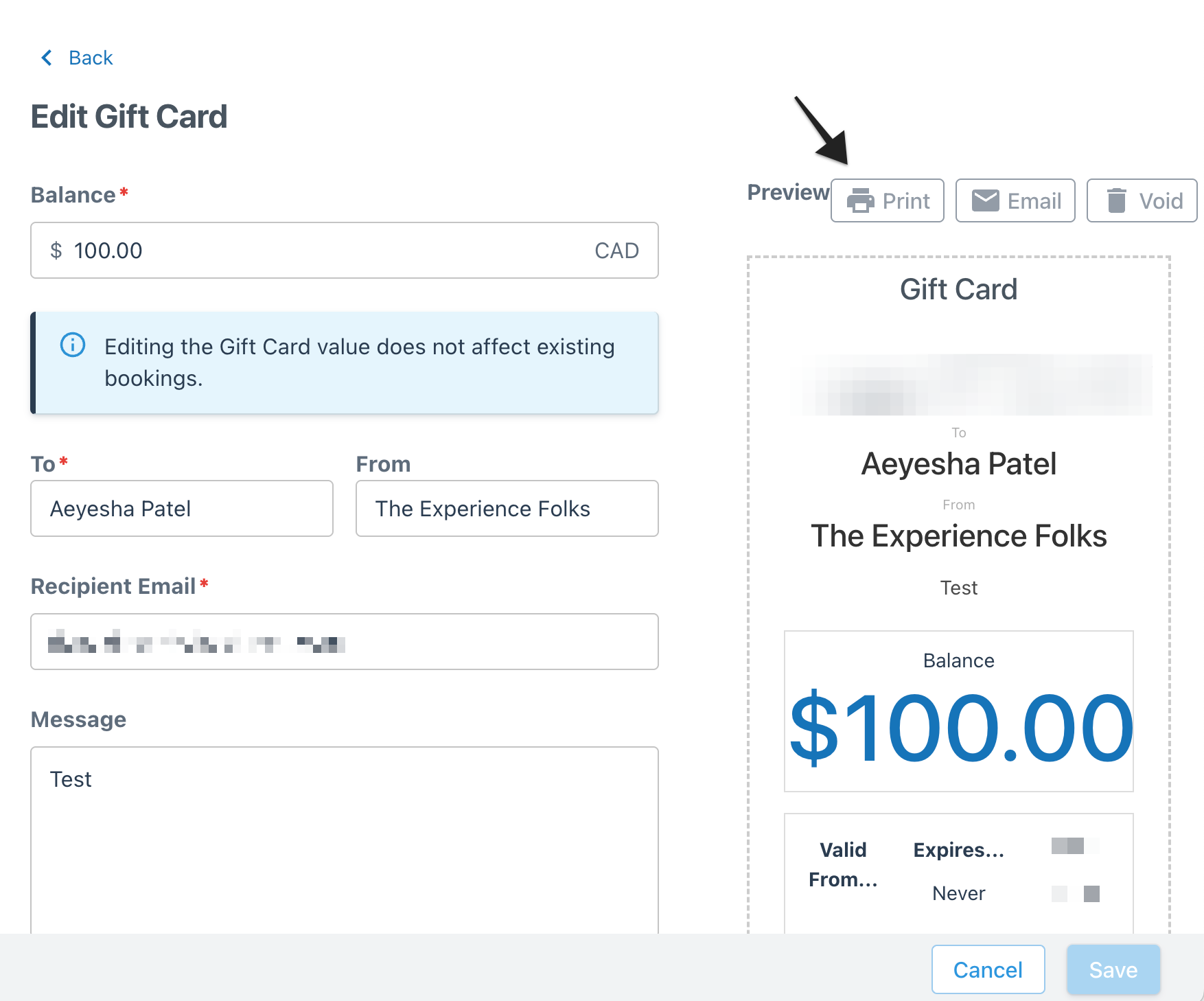Edit Gift Card page with the Print option highlighted, indicating where to print the gift card.