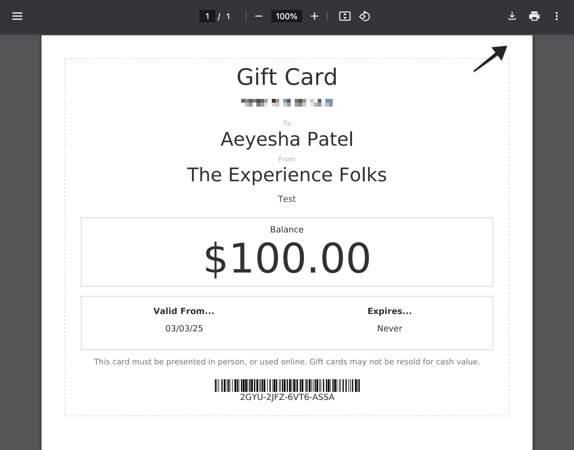 Gift card PDF open in browser with the Print option highlighted.