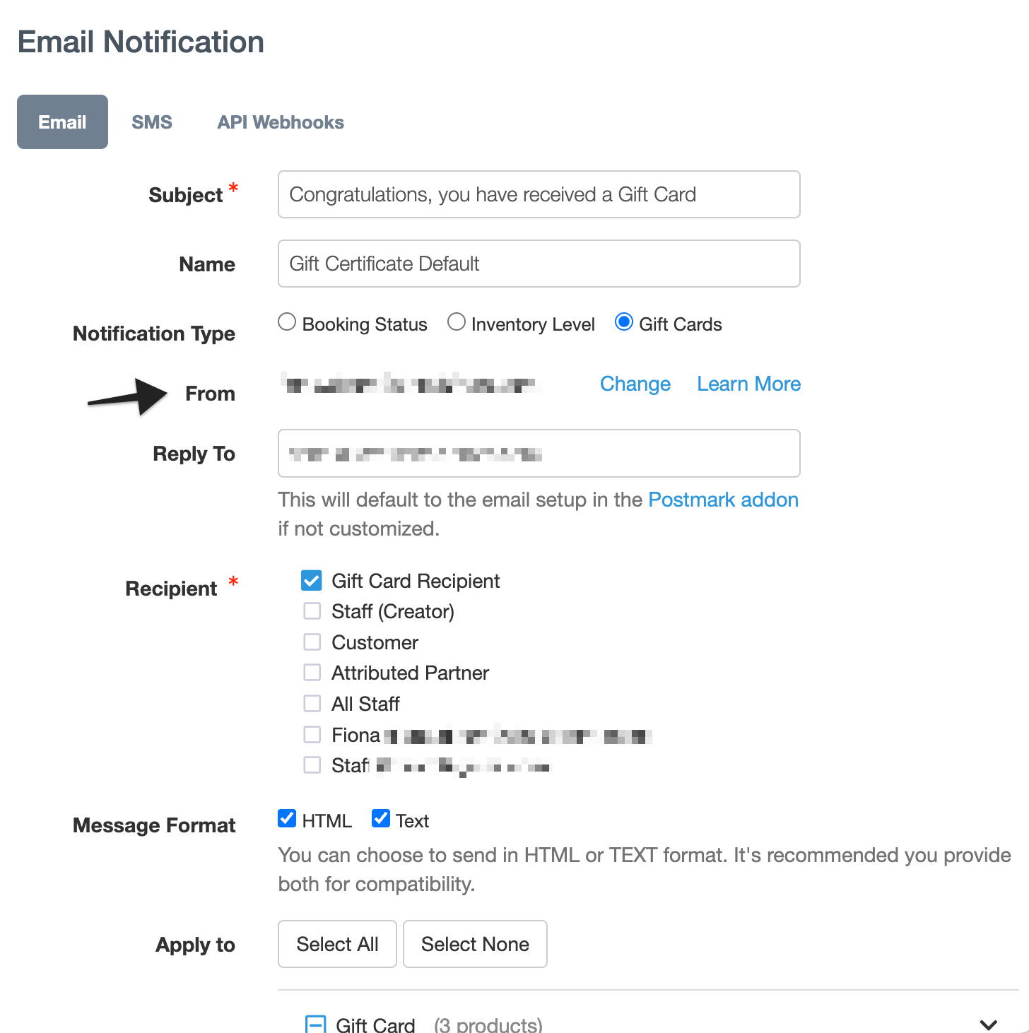 Annotation pointing to the “From” field, showing where to specify the sender’s email address for the gift card email.