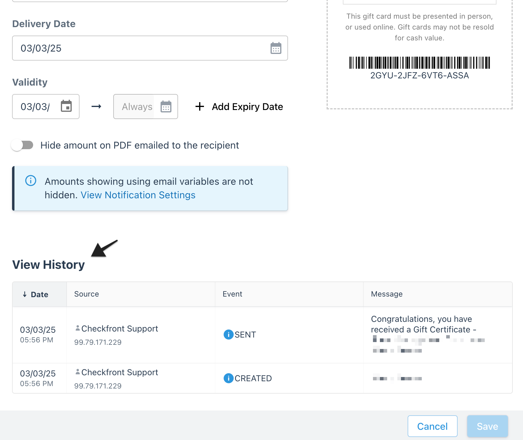 Gift Cards page with the View History option highlighted, showing where to access the activity log, including sent email details