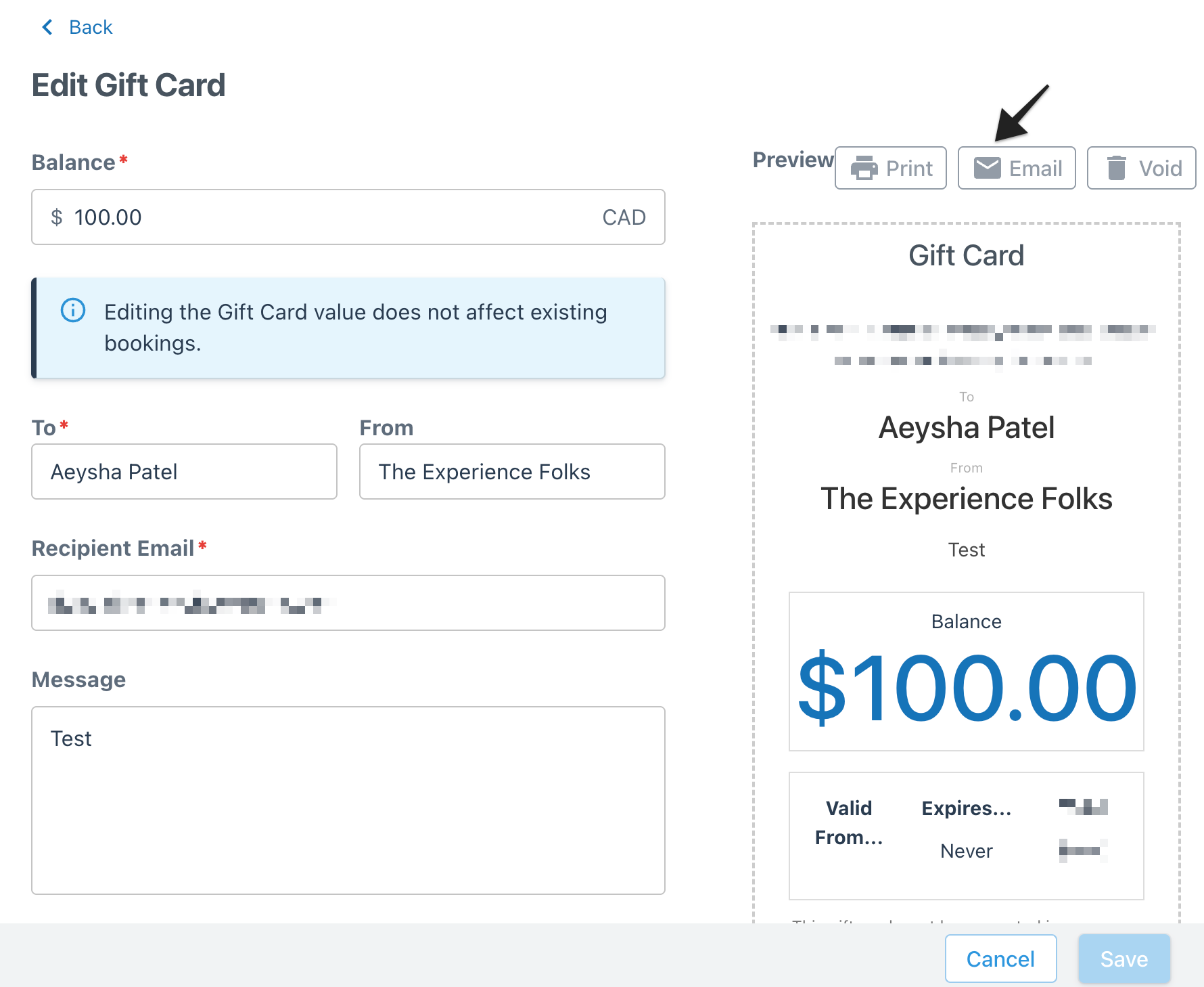 Edit gift card page with the option to email issued gift cards highlighted.