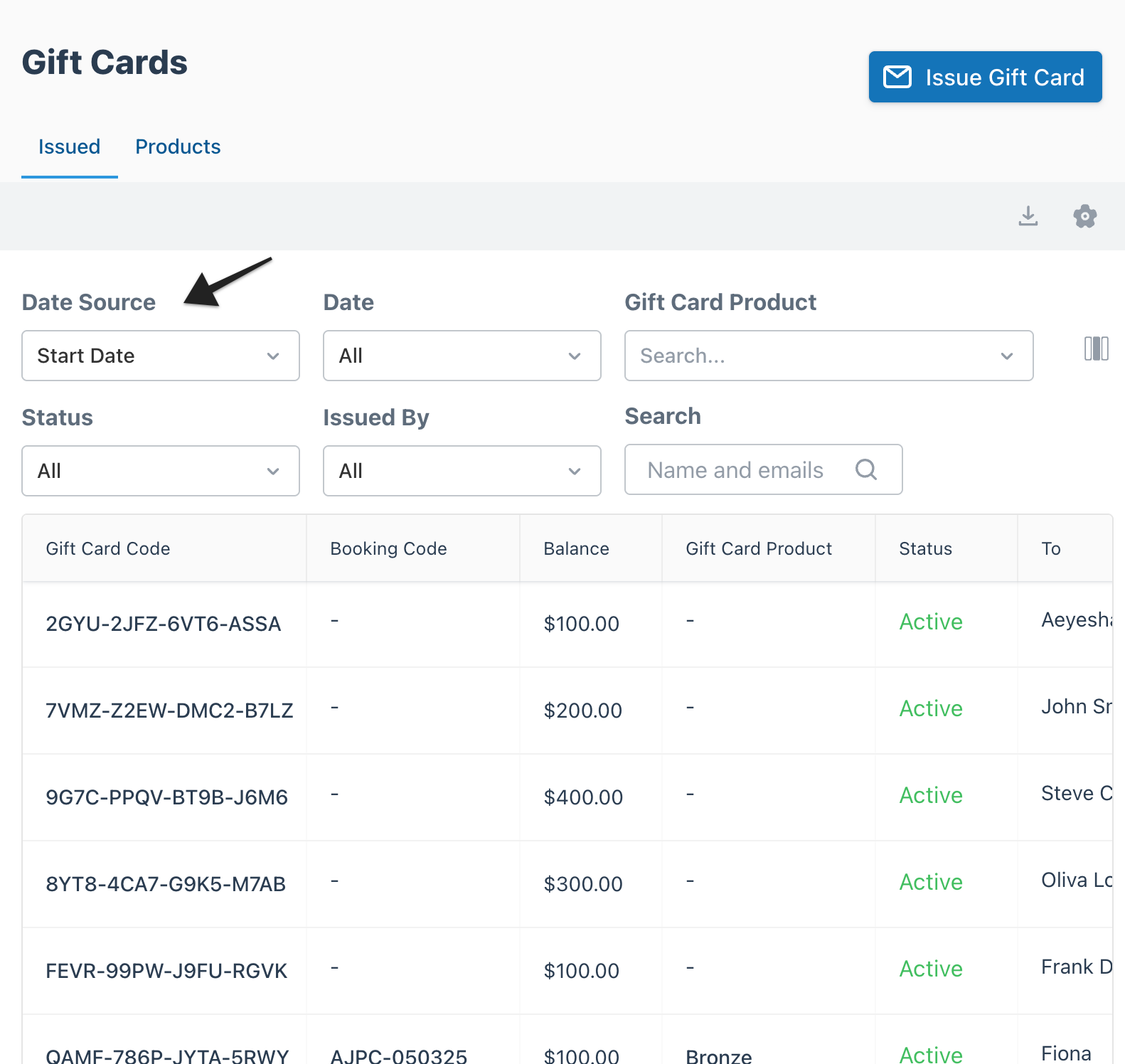 Gift cards page with filters highlighted, including date source, date, gift card product, status, and issued by.