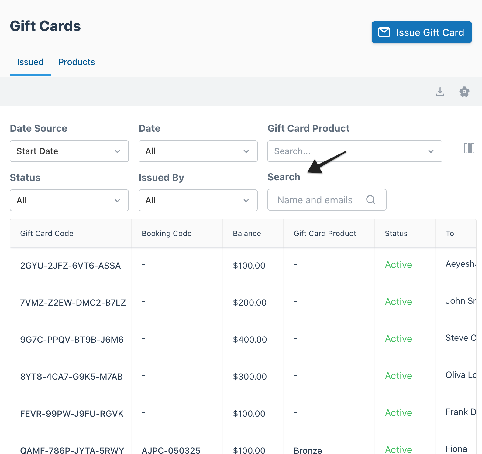 Gift cards page with the search field highlighted, allowing search by recipient name or email address.