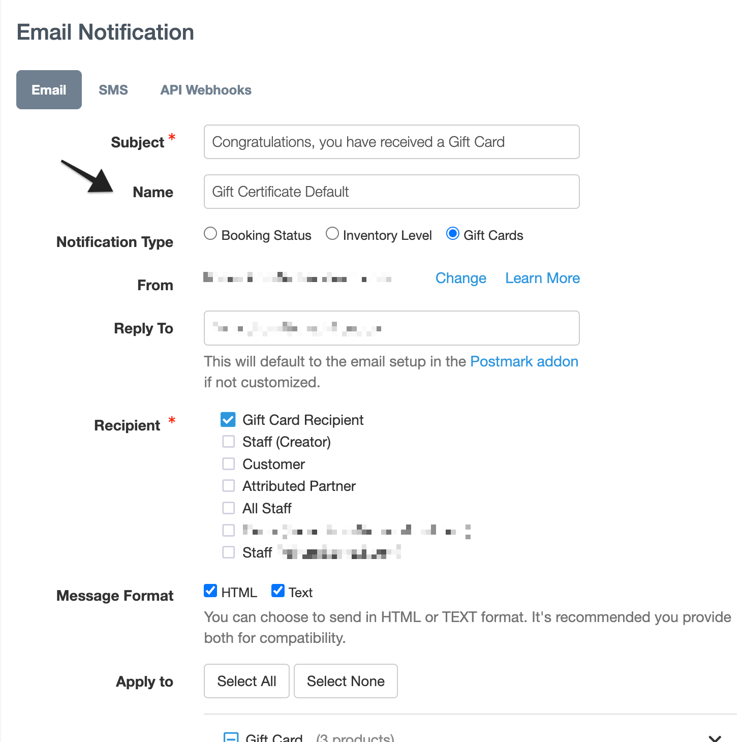 Annotation highlighting the “Name” field, used to assign an internal name to the email template for easy identification.