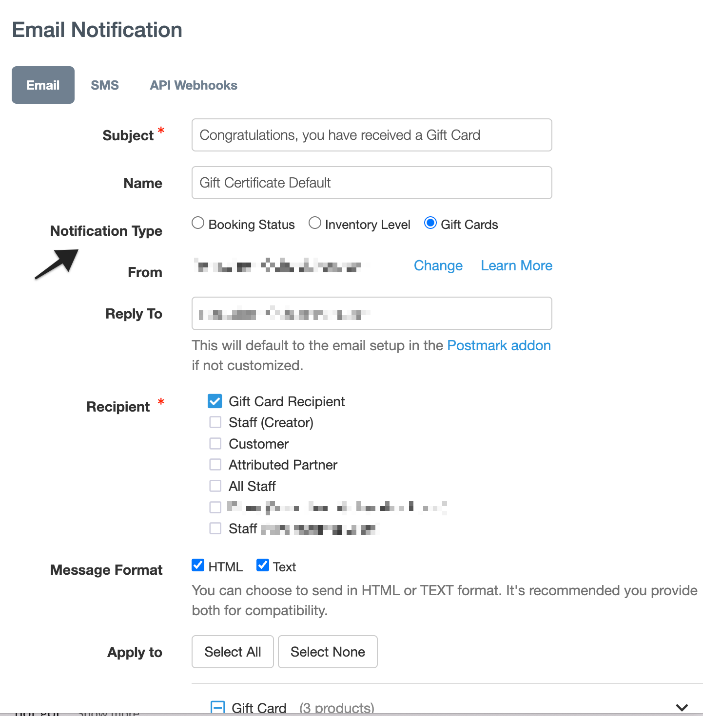Annotation showing the “Notification Type” setting with “Gift cards” selected, indicating the type of email this template supports.