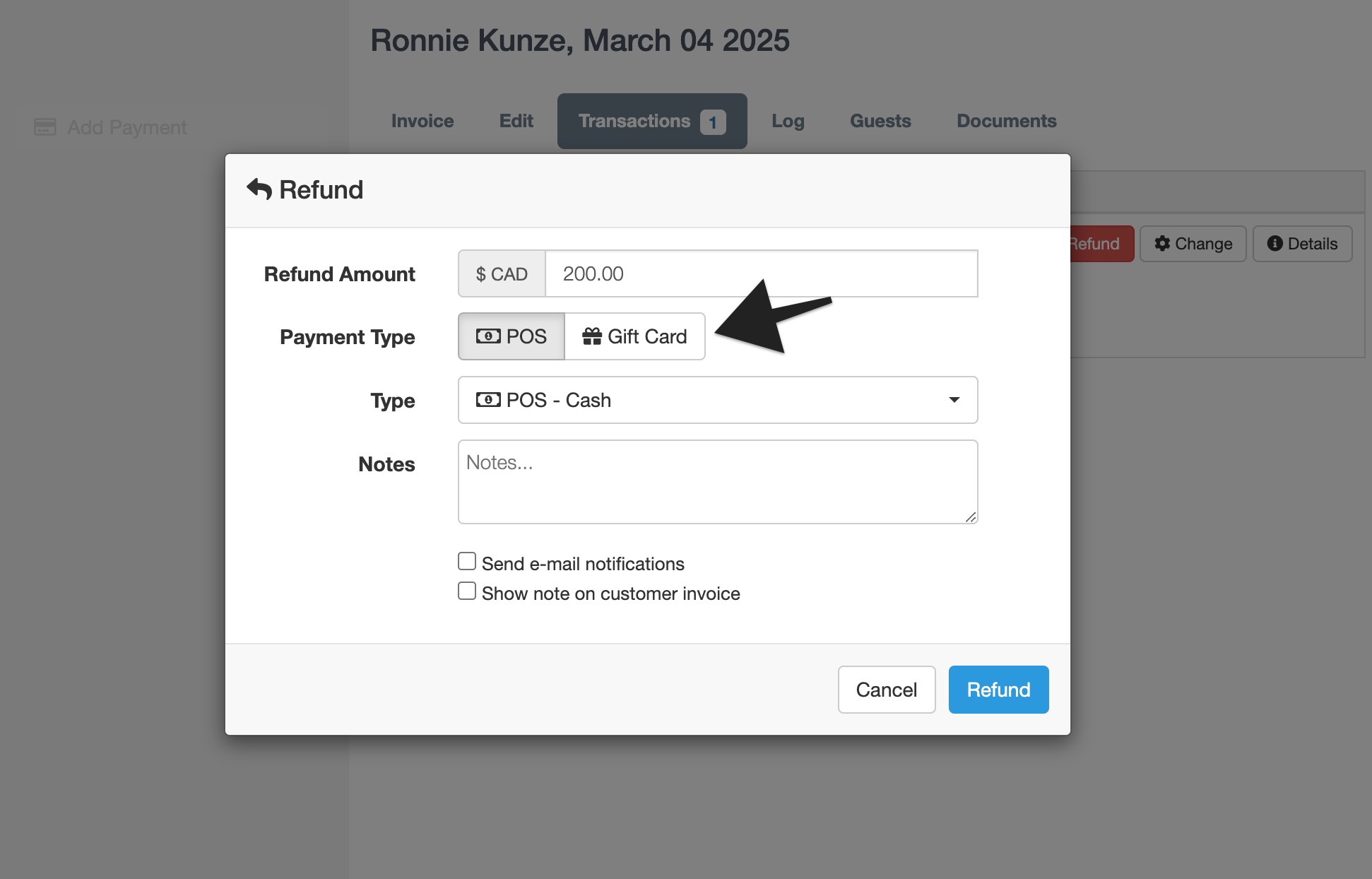 Staff-side refund by gift card option to new or issued gift cards.