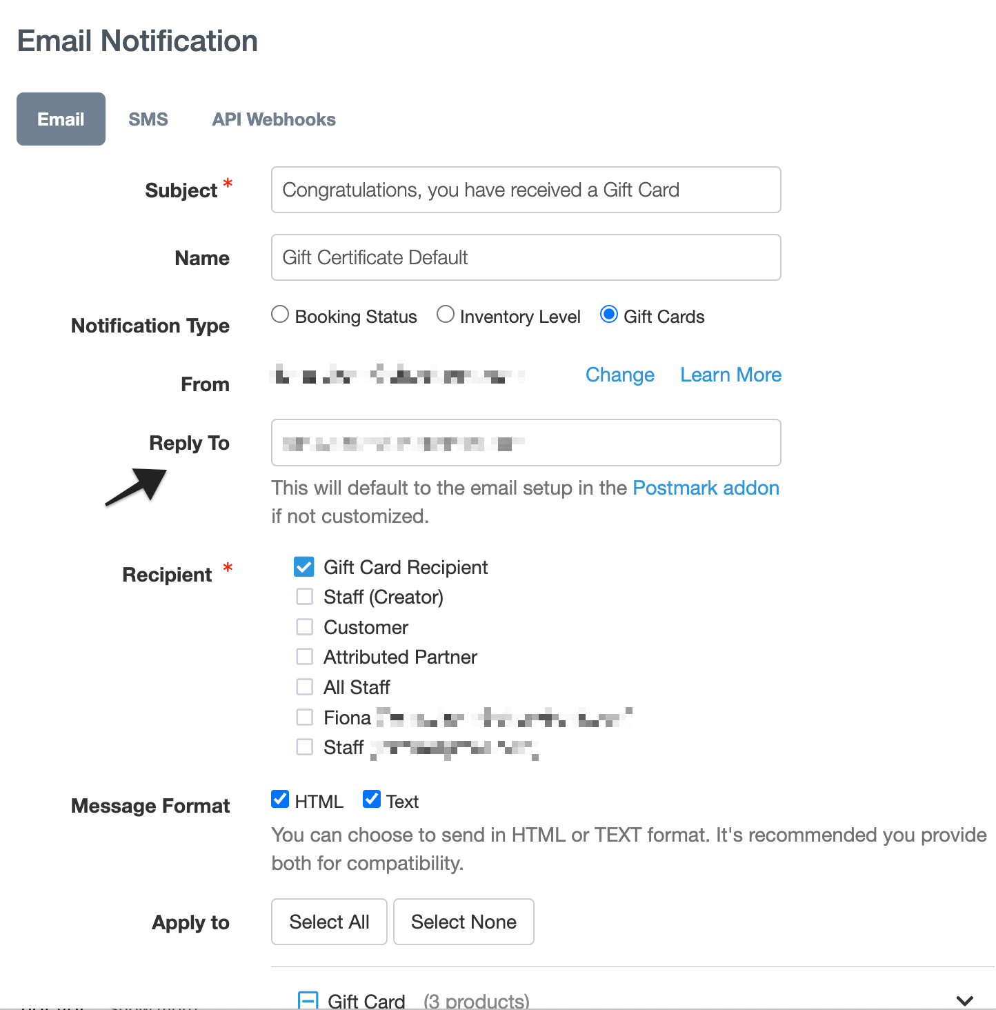 Annotation highlighting the “Reply to” field, used to set the email address where replies will be directed.