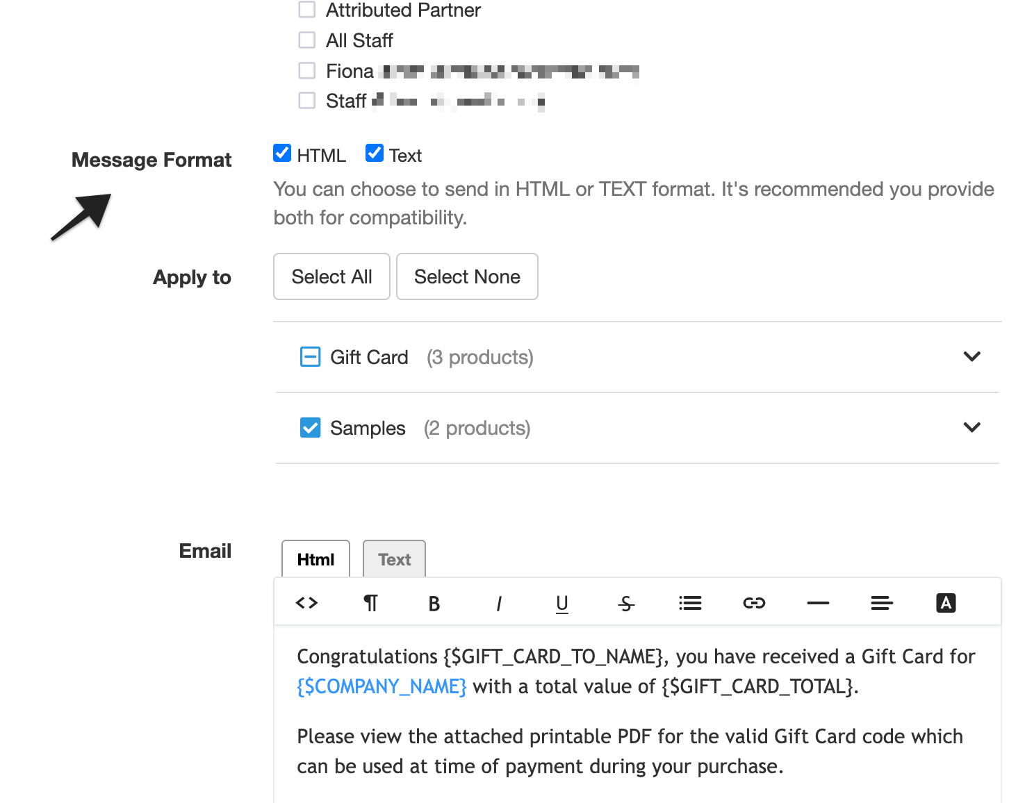 Annotation highlighting the “Message Format” setting, allowing users to choose the format of the email (HTML, text, or both).
