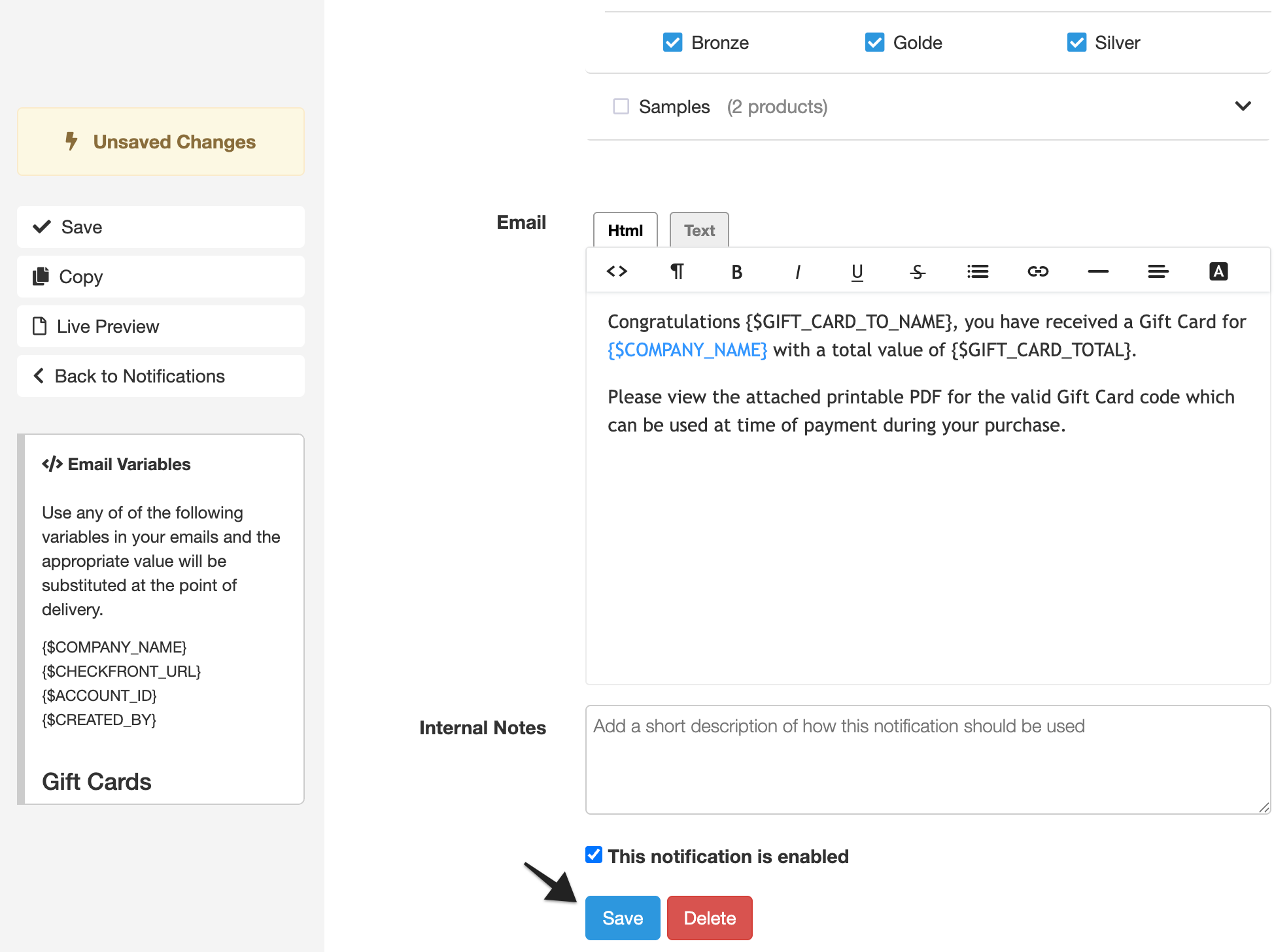 Annotation highlighting the “Save” button on the gift card email template, indicating where to click to save changes.