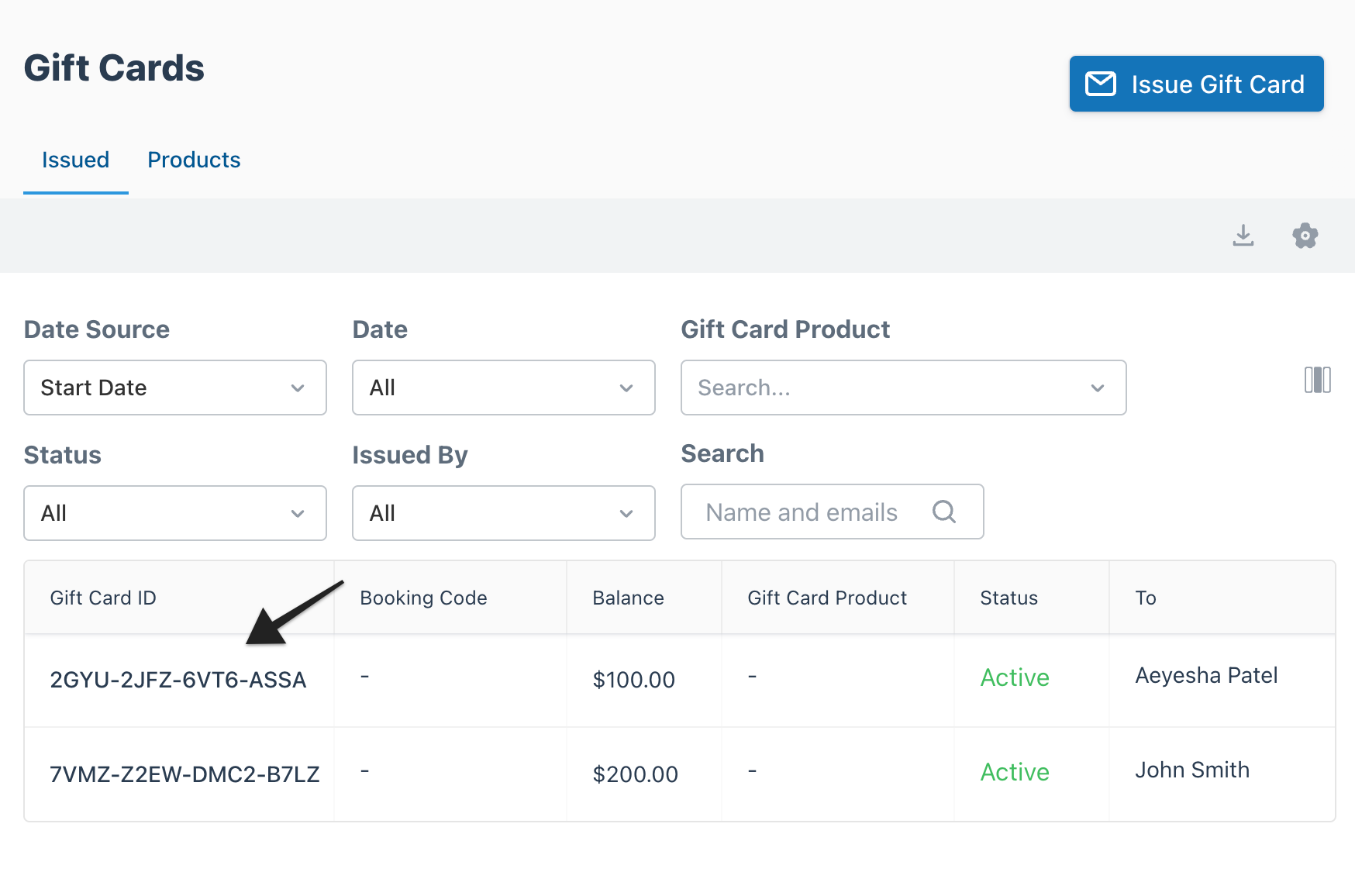 Gift card issued list with arrow pointing to a specific gift card ID in the table.