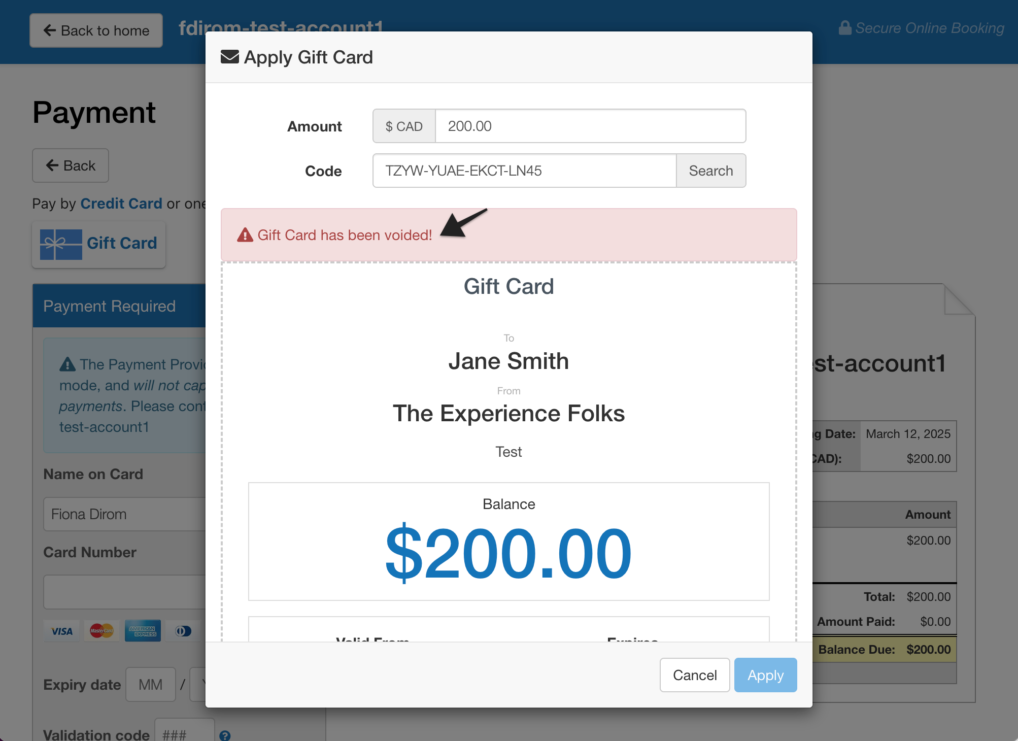 Apply gift card window showing error message in red that the gift card has been voided.