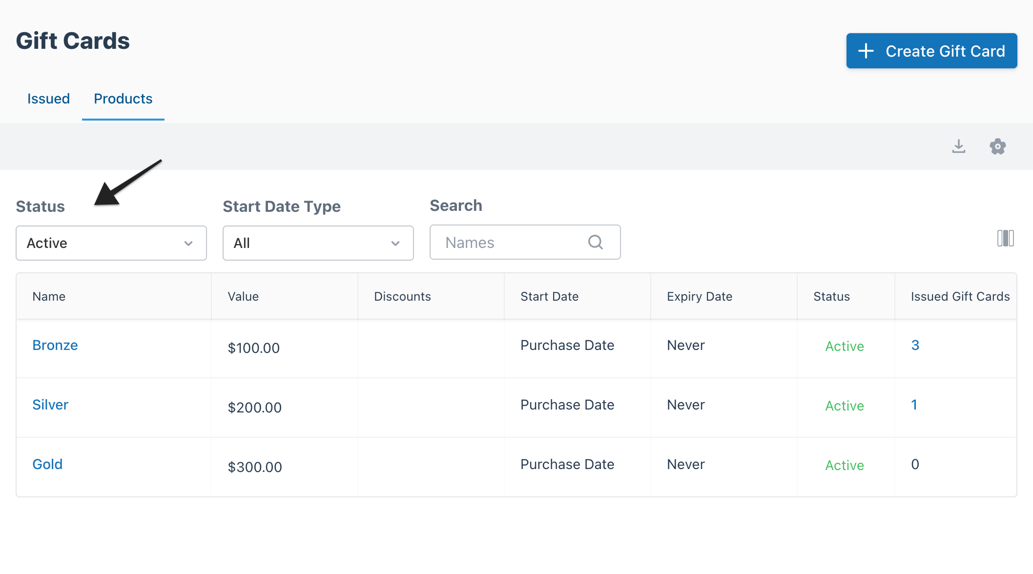 Filter options highlighted to sort gift card products by status and start date.