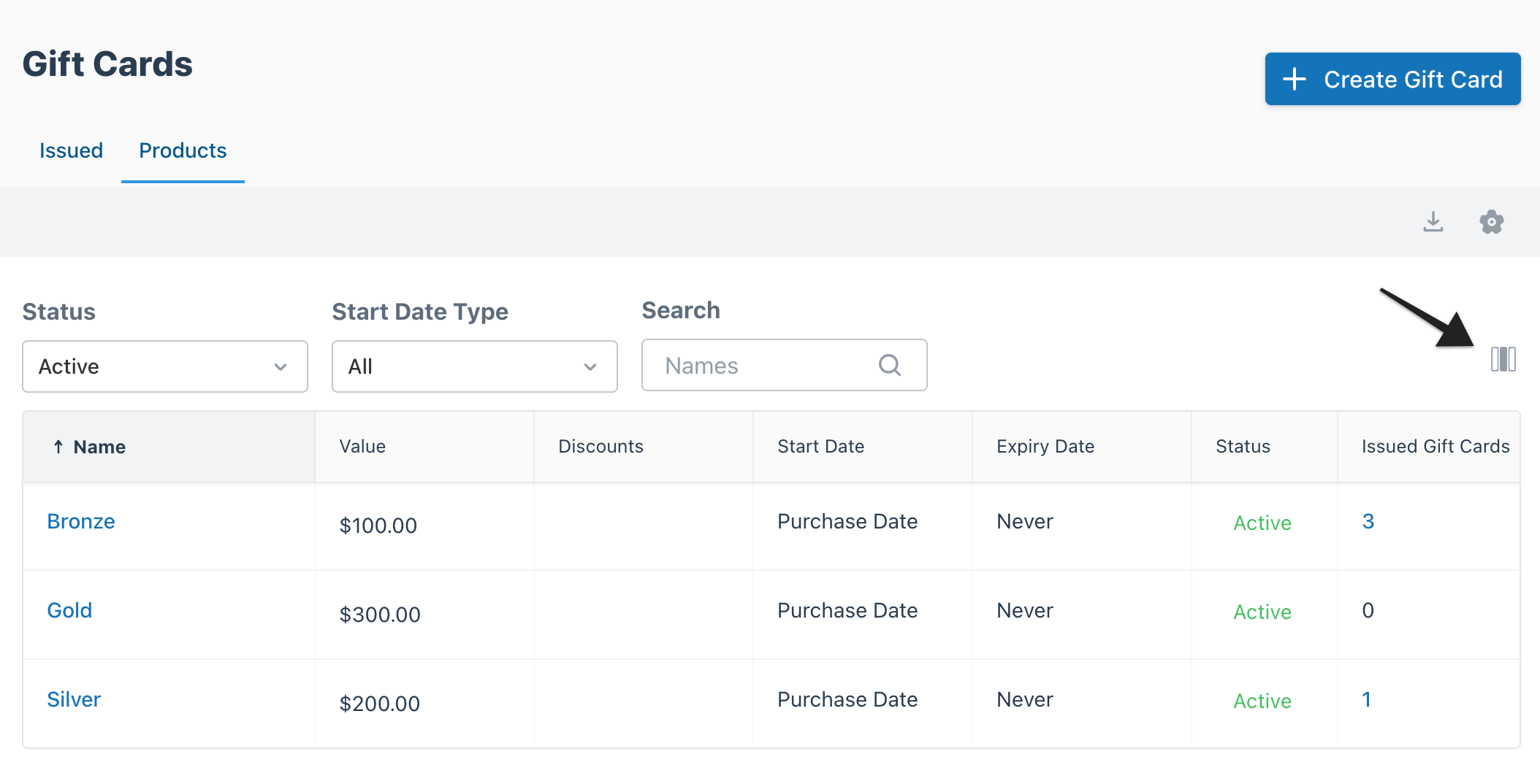 Edit columns option for customizing which data columns appear in the gift card list.