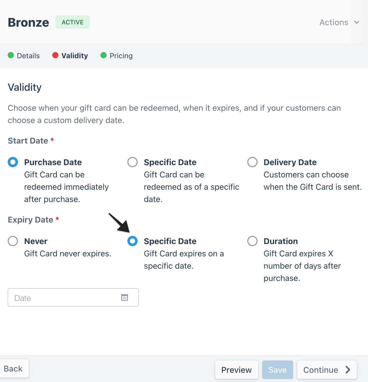 Gift card builder page with an annotation highlighting the 'Specific Date' option of the 'Expiry Date' setting, which allows the user to choose a specific expiry date for the gift card.