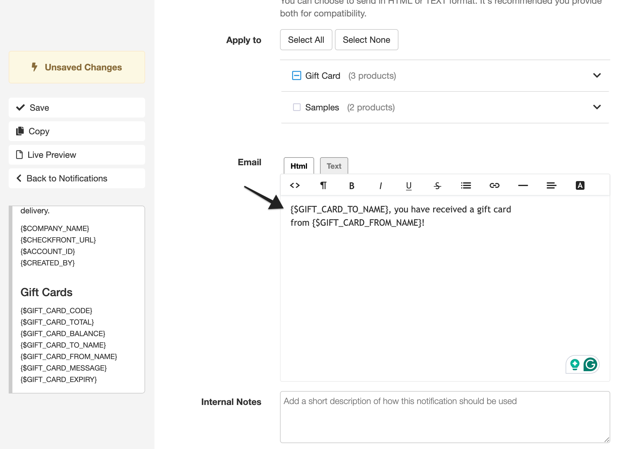 Gift card notification editor highlighting the email message content area with gift card variables.