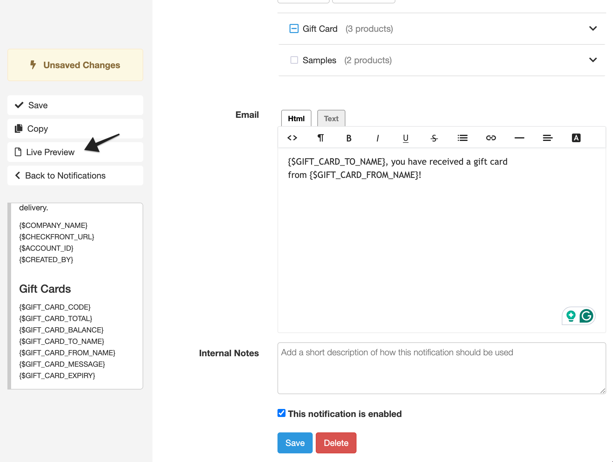 Notification editor highlighting the Live Preview button to view email layout.