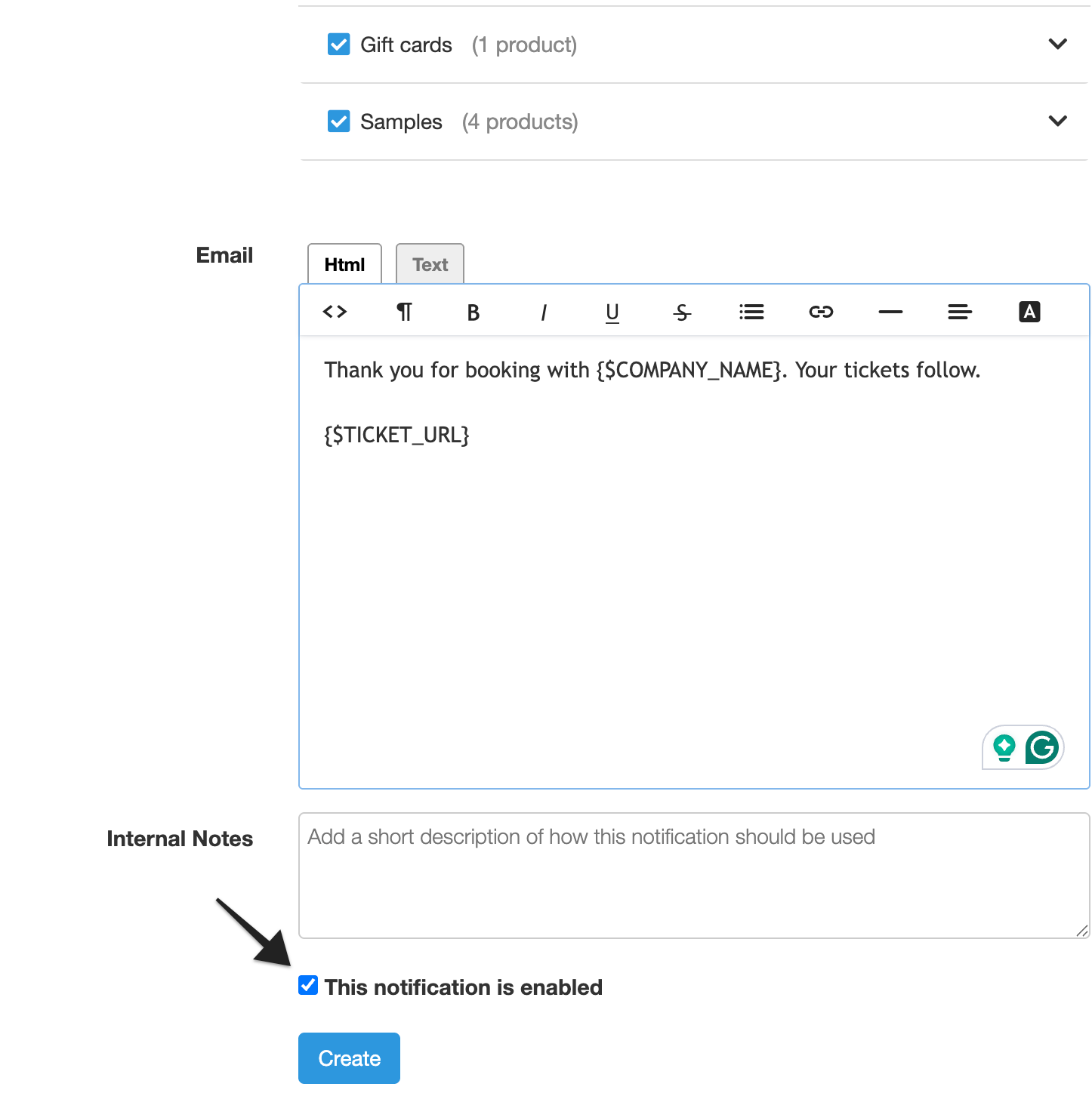 Gift card notification editor highlighting HTML email body input field