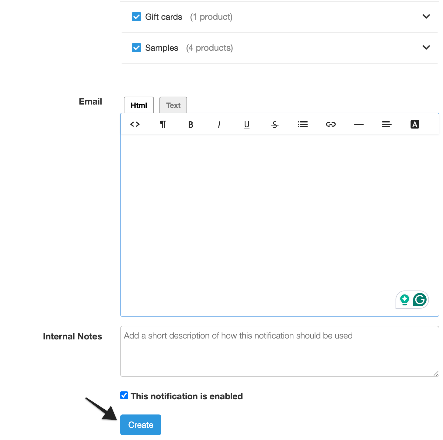 Gift card notification editor with empty email message box, internal notes field, and “Create” button highlighted.
