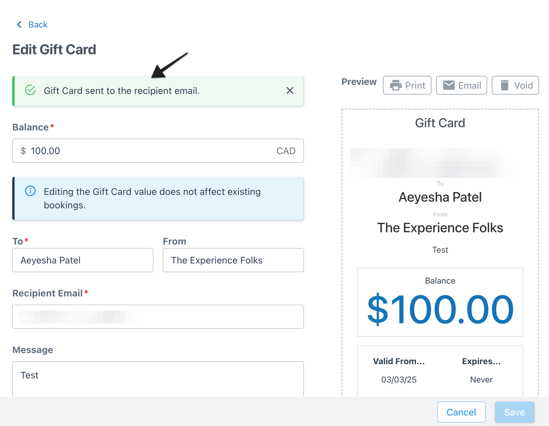 Gift card edit screen with confirmation banner showing gift card sent to recipient email.