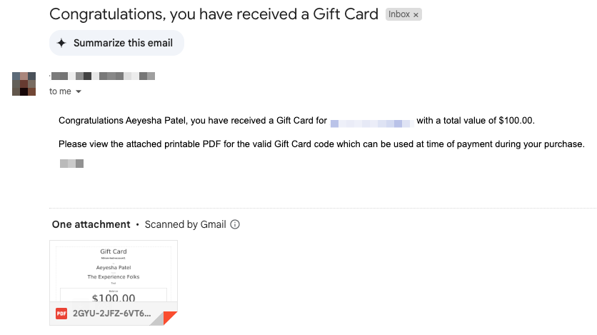 Example of gift card email received by recipient with attached printable PDF for $100 balance.