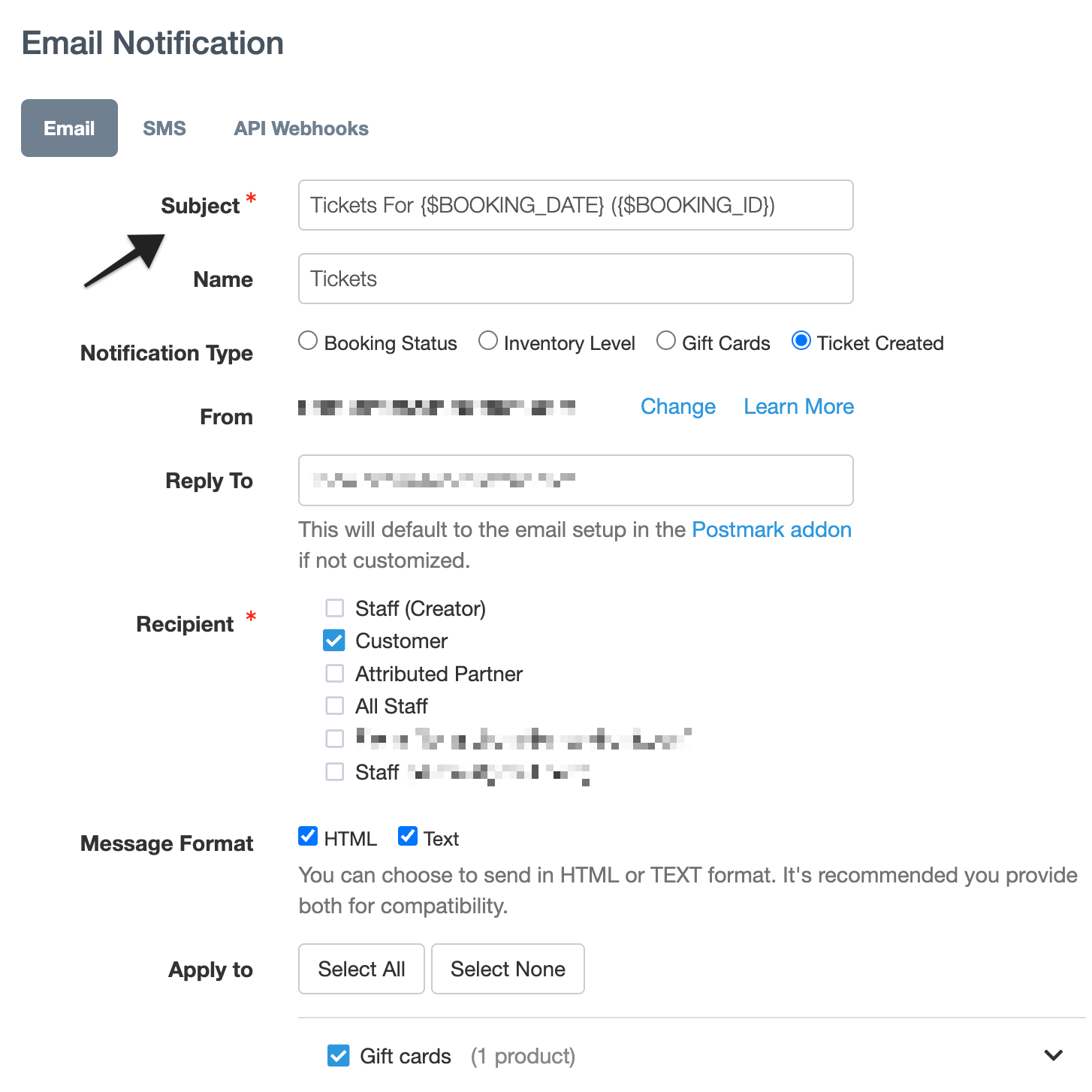 Annotation highlighting the “Subject” field, where users can define the email subject line that appears in the recipient’s inbox.
