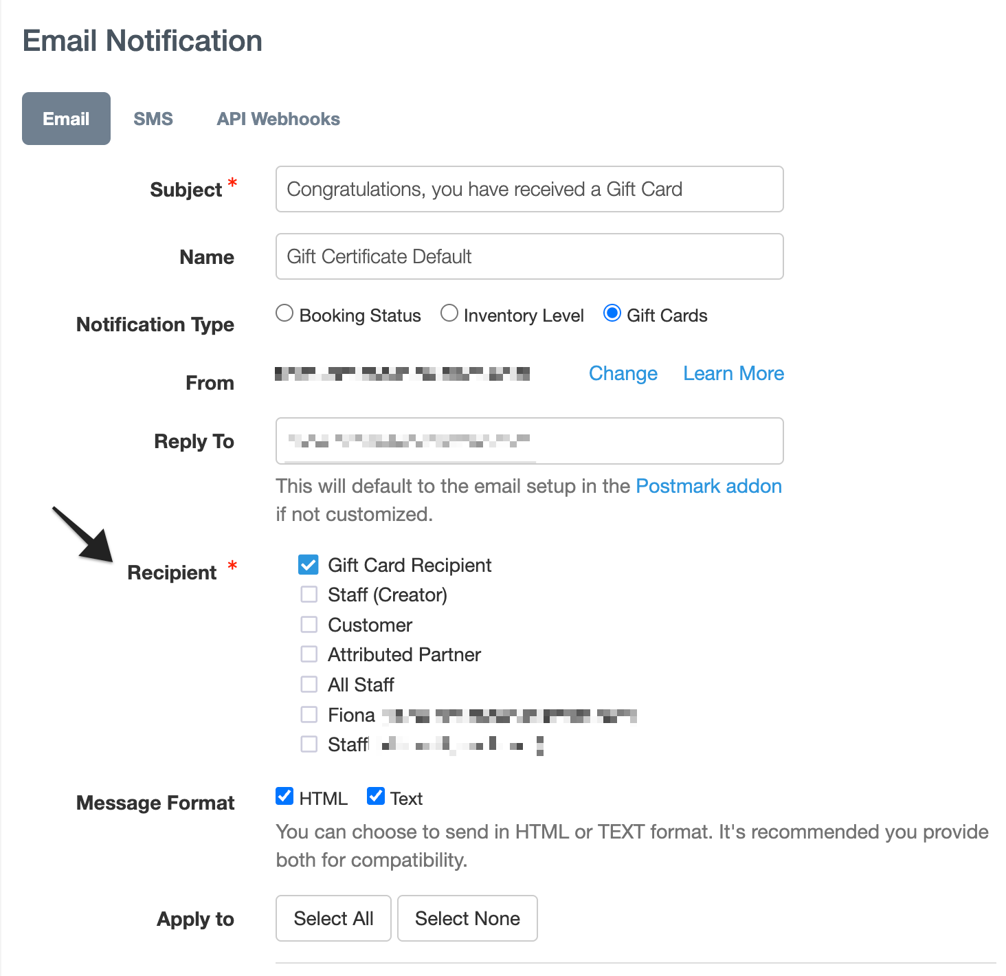 Annotation pointing to the “Recipient” setting, where users specify who receives the gift card email, for example, recipient or staff.