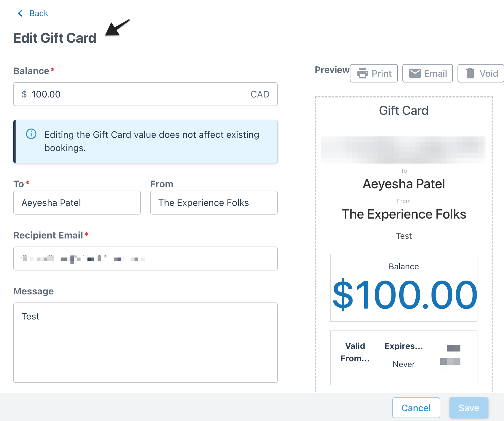 Gift Cards page with the Issued tab selected and a gift card highlighted in the list, indicating that clicking the name opens the edit view.