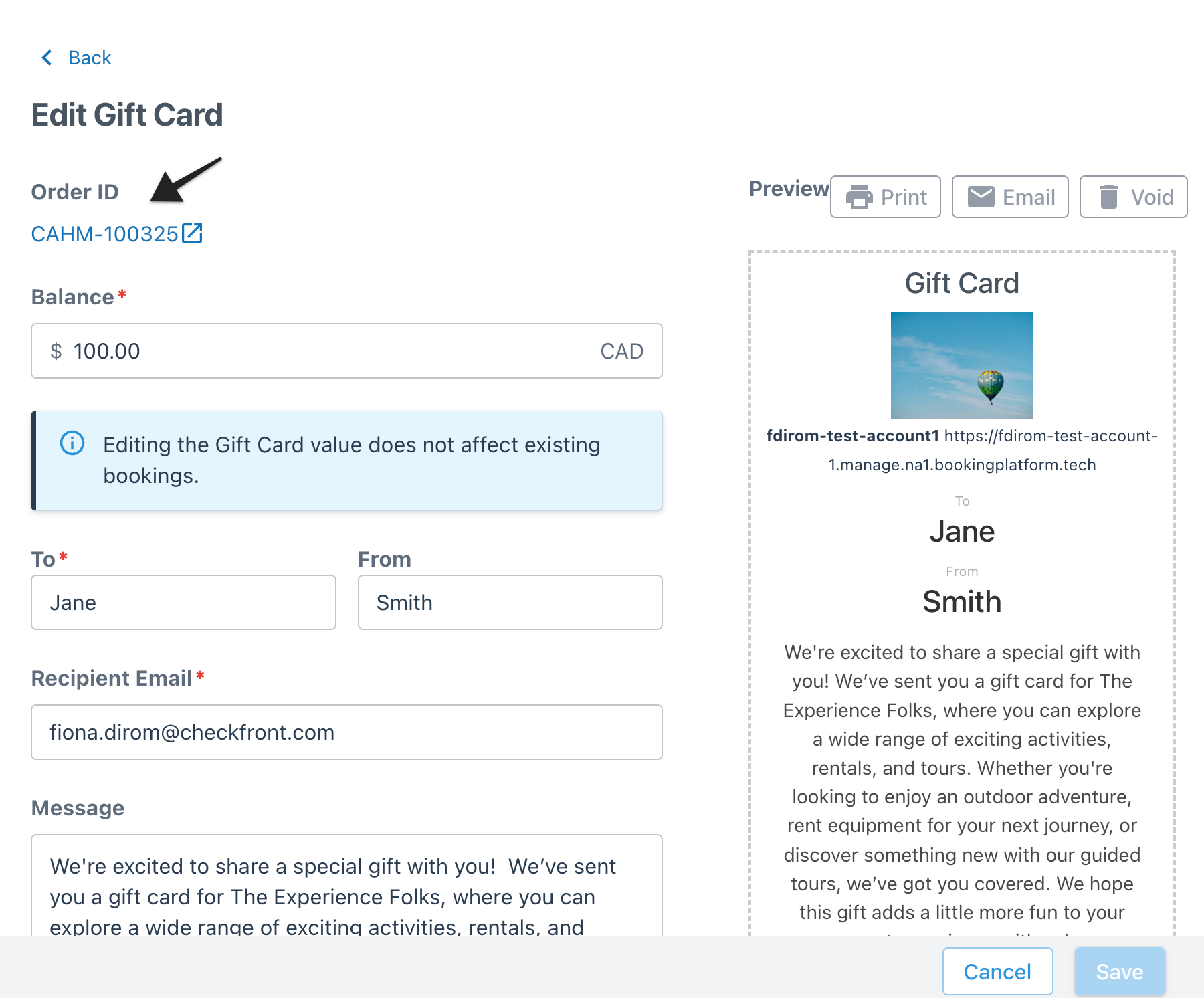 Edit Gift Card page with the Order ID highlighted, indicating where to click to access the booking invoice.