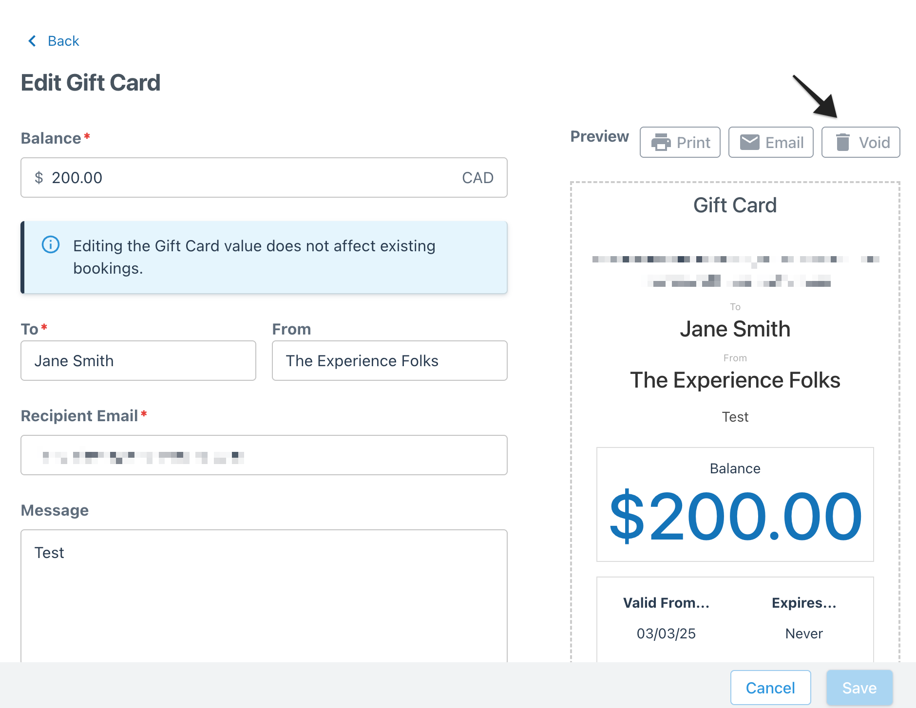 Edit gift card page with the option to void issued gift cards highlighted.