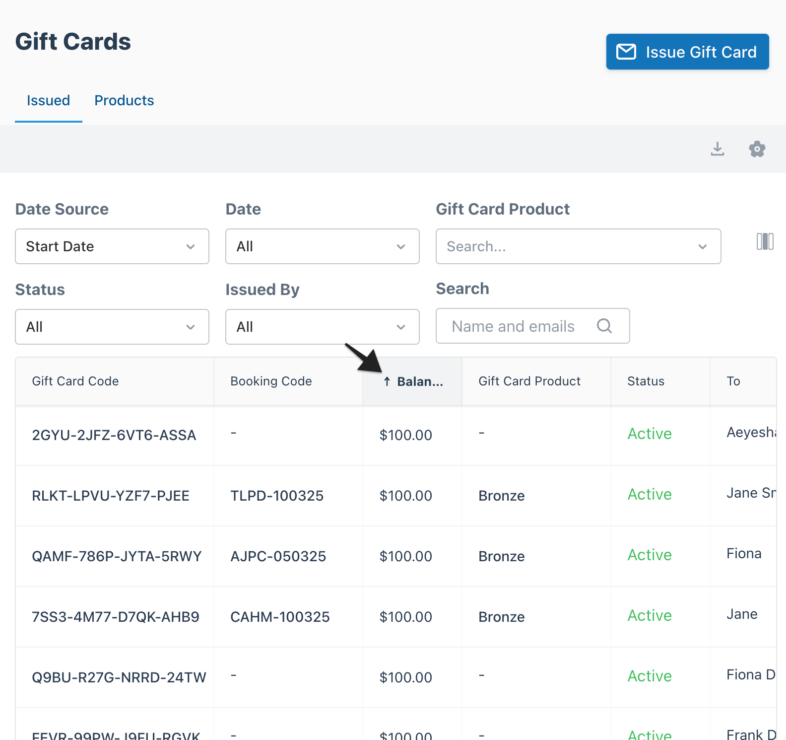 Gift cards page with the sort column option highlighted, allowing sorting in ascending or descending order.
