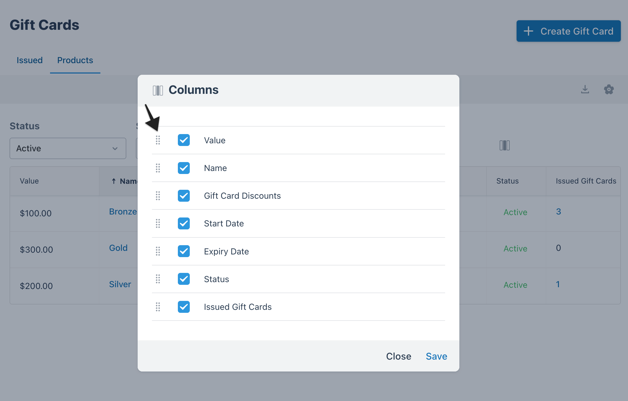 Drag-and-drop interface for reordering columns in the gift card products list.