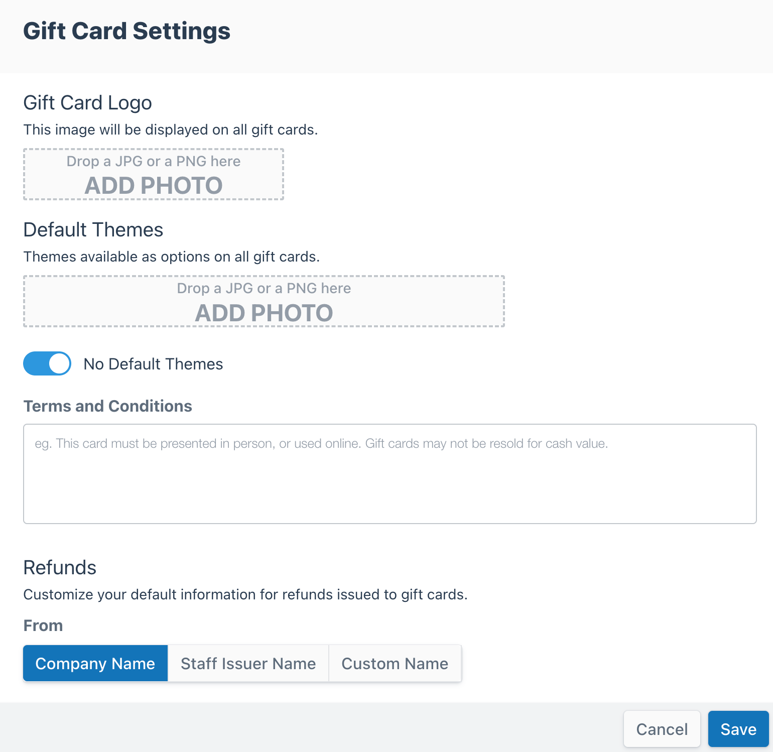 General gift card settings panel with controls for logo, default themes, terms, and refund settings.