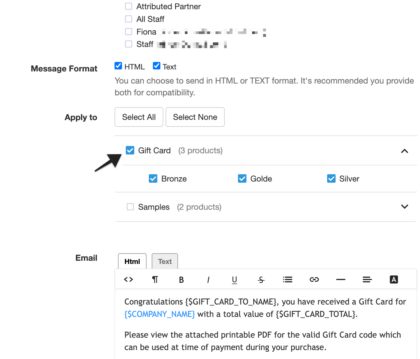 Annotation showing the product category selection under the “Apply to” setting, used to define which gift cards the template applies to.