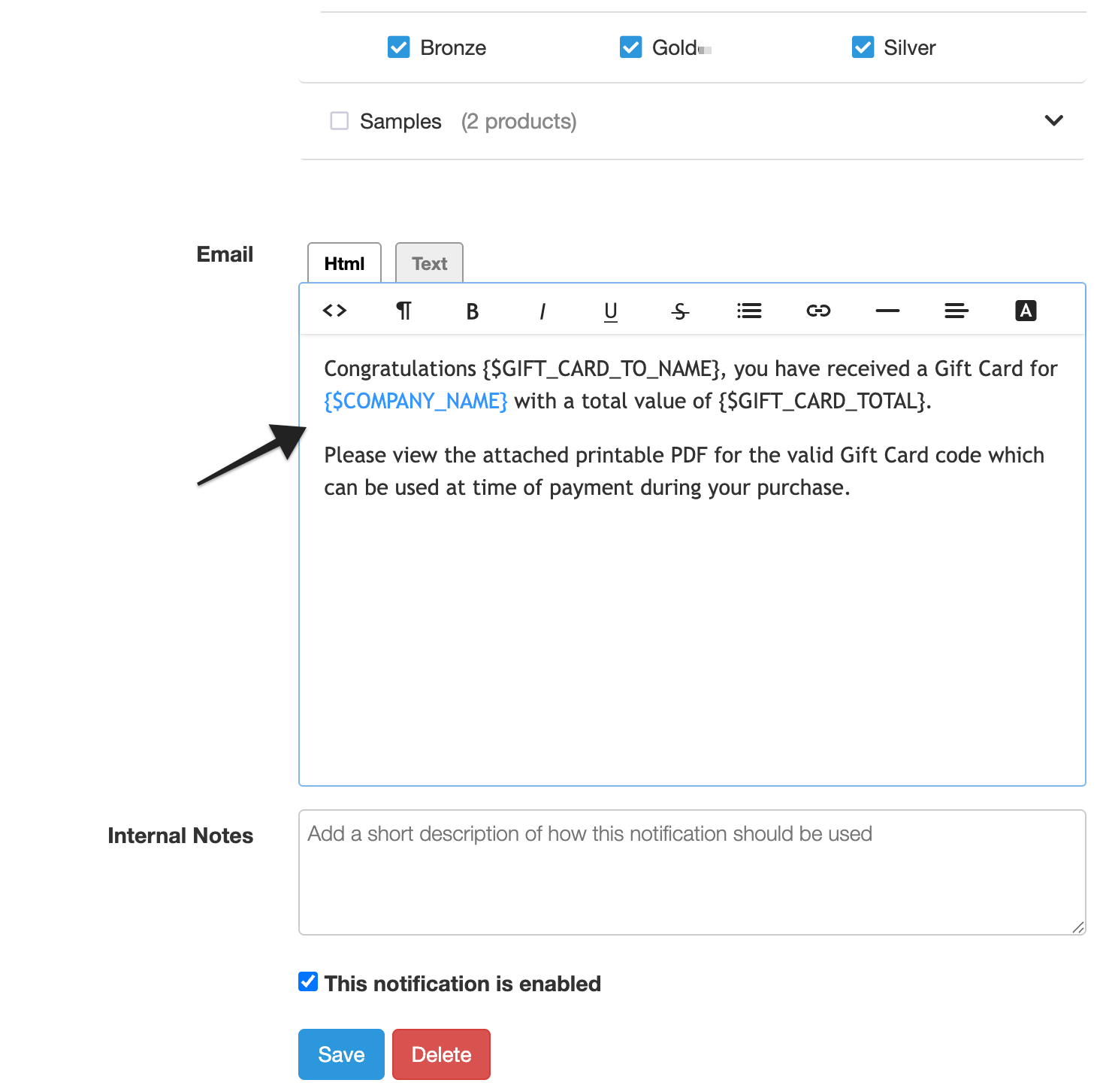 Annotation pointing to the “Email” field under the “HTML” draft copy setting, showing where to enter the recipient's email address