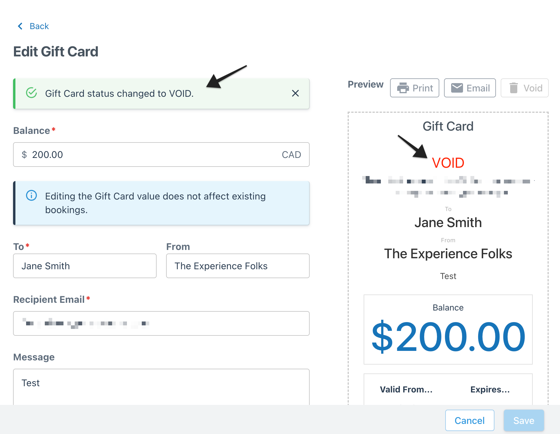 Edit gift card screen with confirmation banner stating gift card status changed to VOID, and VOID label displayed in red on the card preview.