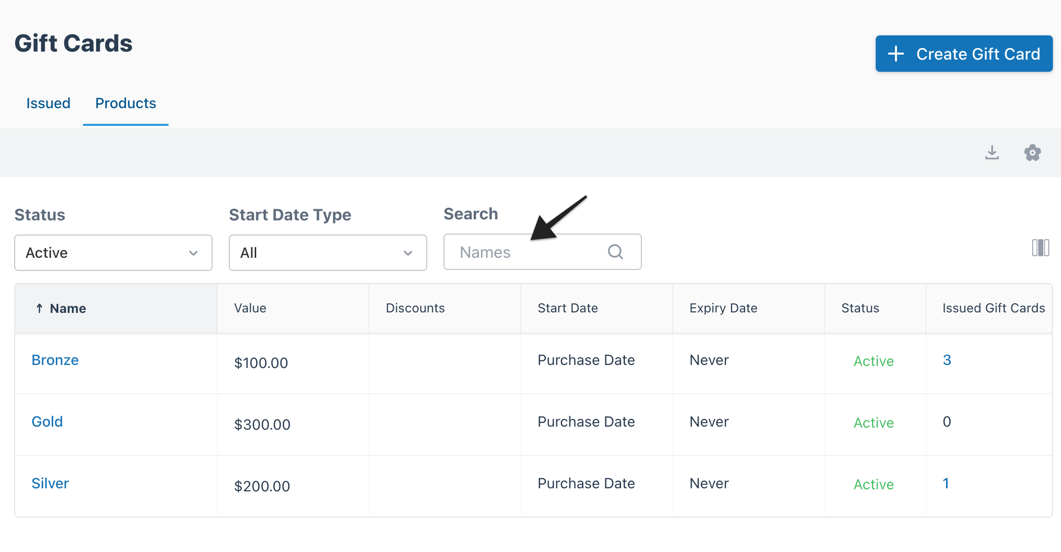 Search field highlighted to locate specific gift card products by name.