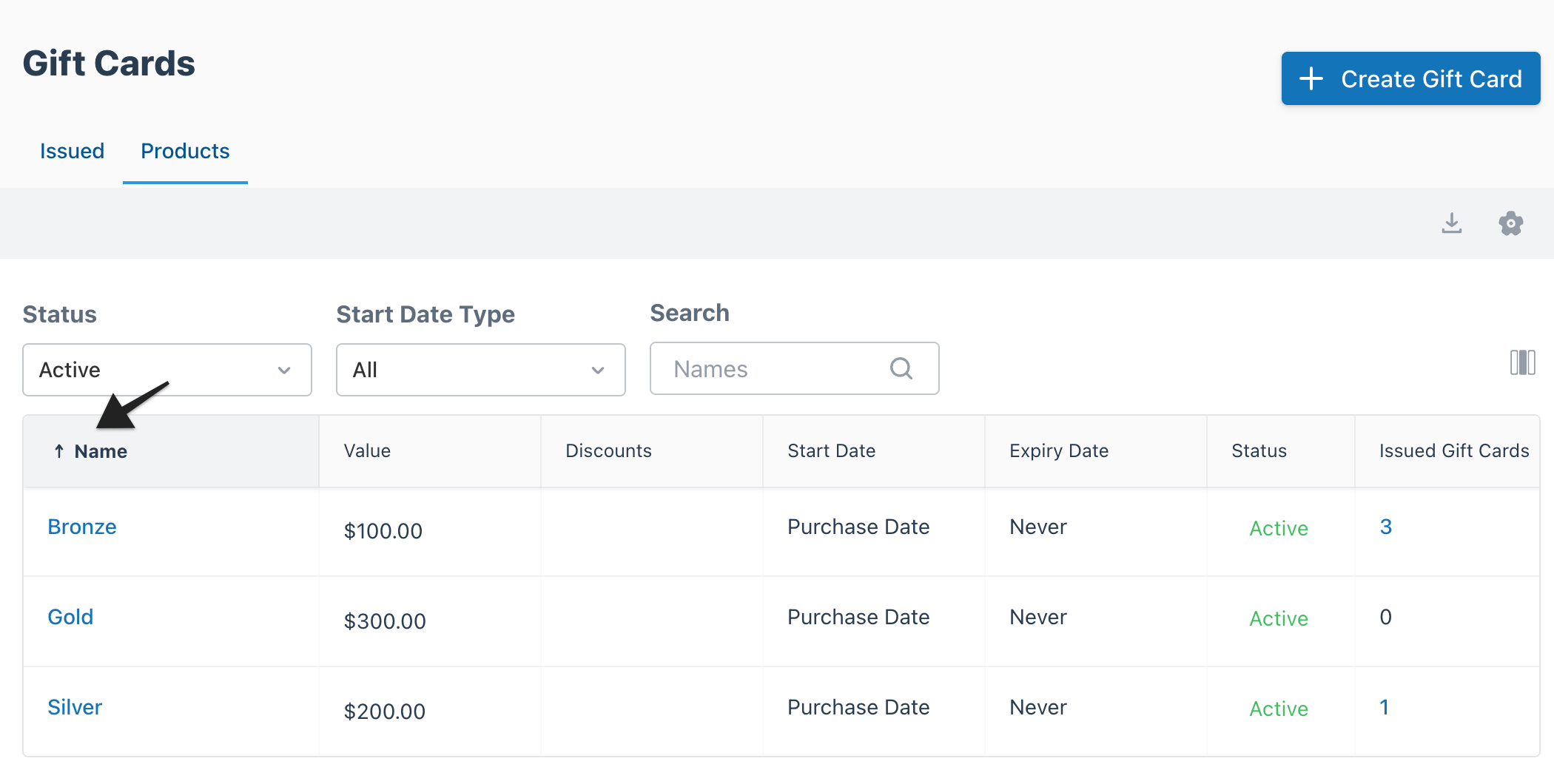 Sort column option highlighted for arranging gift card products in ascending or descending order.