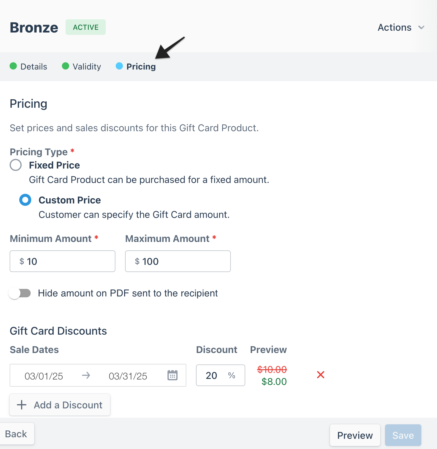 Gift card builder page with an annotation highlighting the 'Pricing' tab in the navigation breadcrumbs.