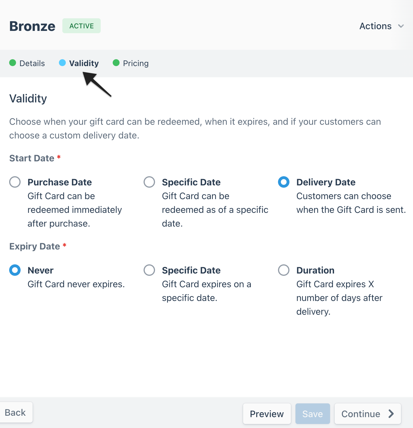 Gift card builder page with an annotation highlighting the 'Validity' tab within the navigation breadcrumbs.