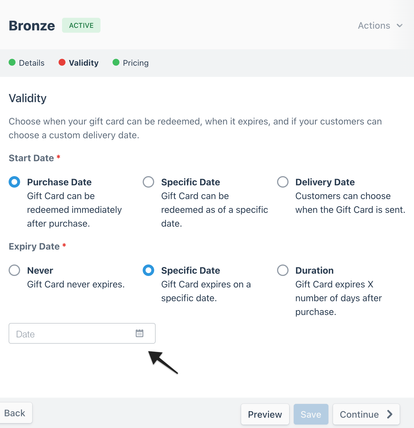 Gift card builder page with an annotation highlighting the 'Date' field under the 'Specific Date' option of the 'Expiry Date' setting, which allows the user to specify the exact expiry date for the gift card.