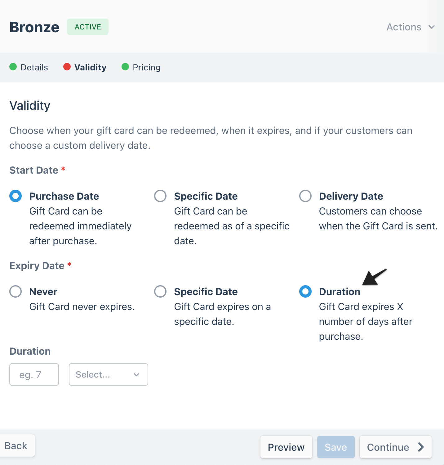 Gift card builder page with an annotation highlighting the 'Duration' option of the 'Expiry Date' setting, which allows the user to choose the number of days after purchase for the gift card to expire.