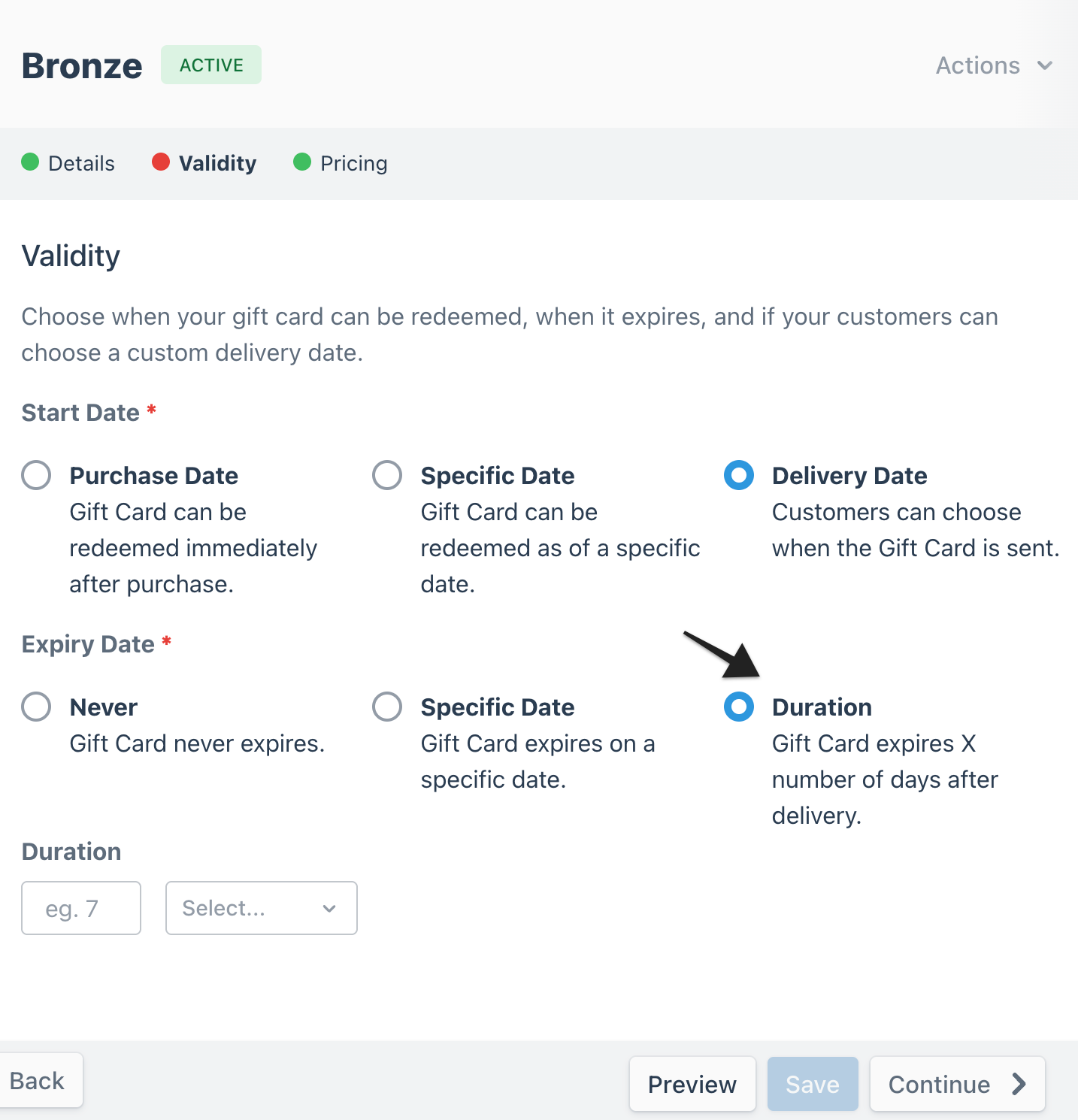 Gift card builder page with an annotation highlighting the 'Date' field under the 'Duration' option of the 'Expiry Date' setting, which allows the user to specify the number of days after delivery for the gift card to expire.