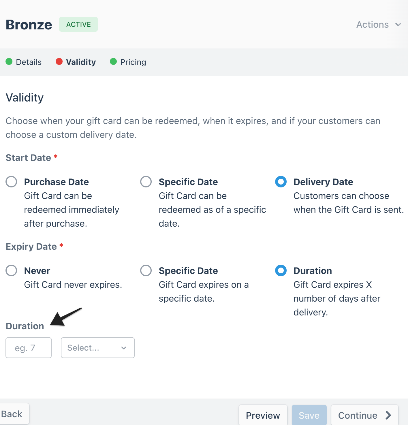 Gift card builder page with an annotation highlighting the 'Date' field under the 'Start Date' setting, which allows the user to specify the delivery date as the start date for the gift card.