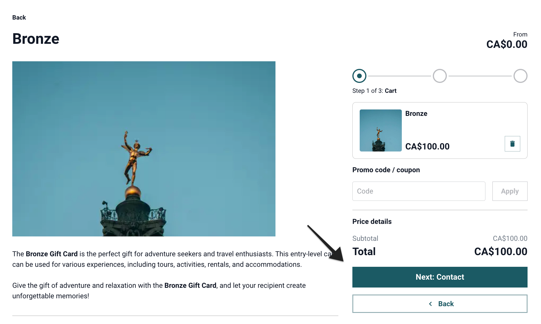Hosted booking site with ‘Next: Contact’ button highlighted on product page to continue purchase.