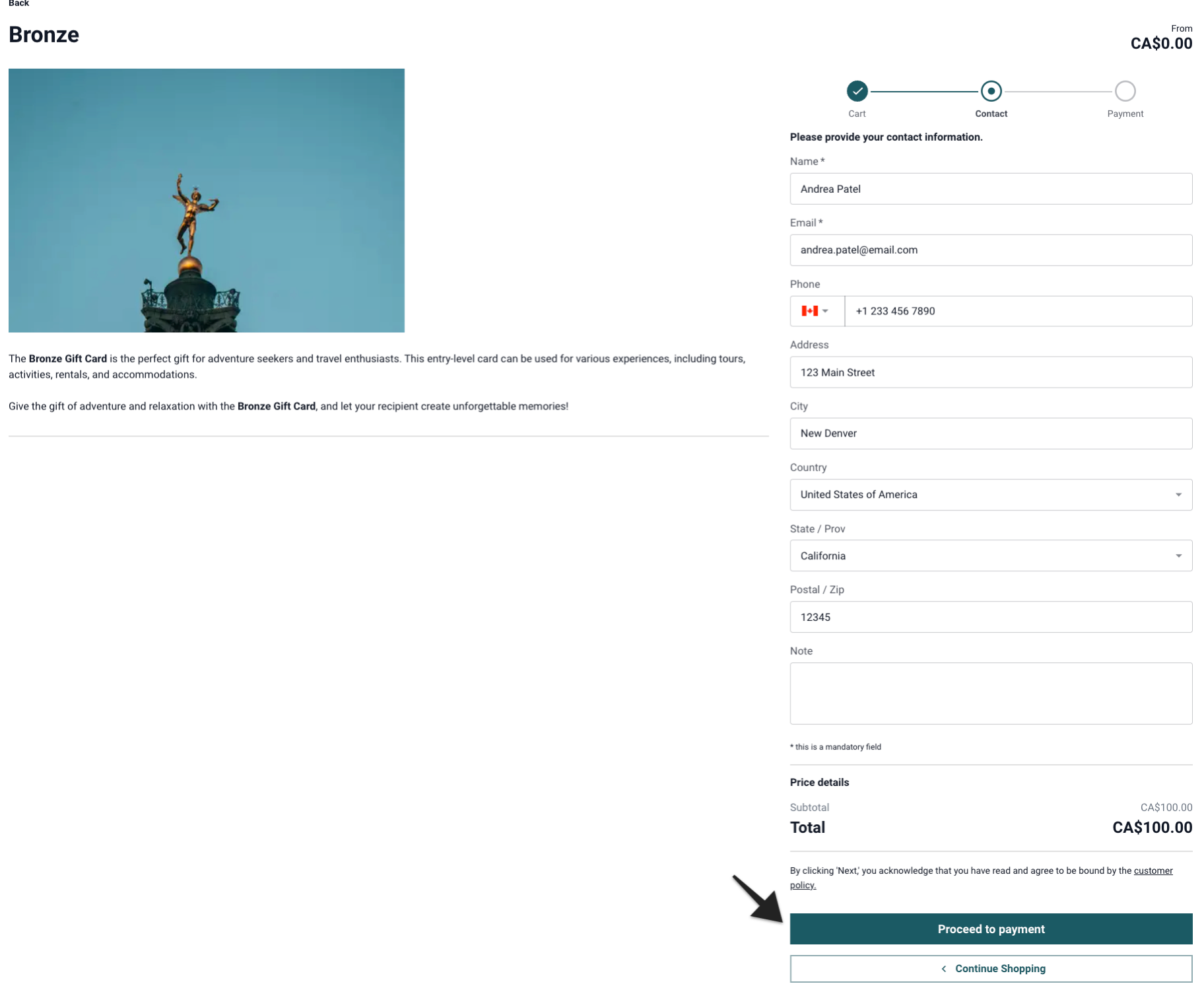 Hosted booking site with ‘Proceed to payment’ button highlighted to move to payment step.