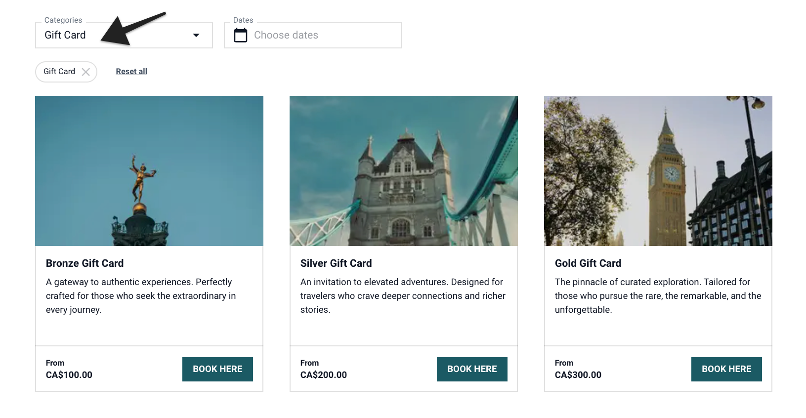 Hosted booking site showing filter options for gift card products on category page.