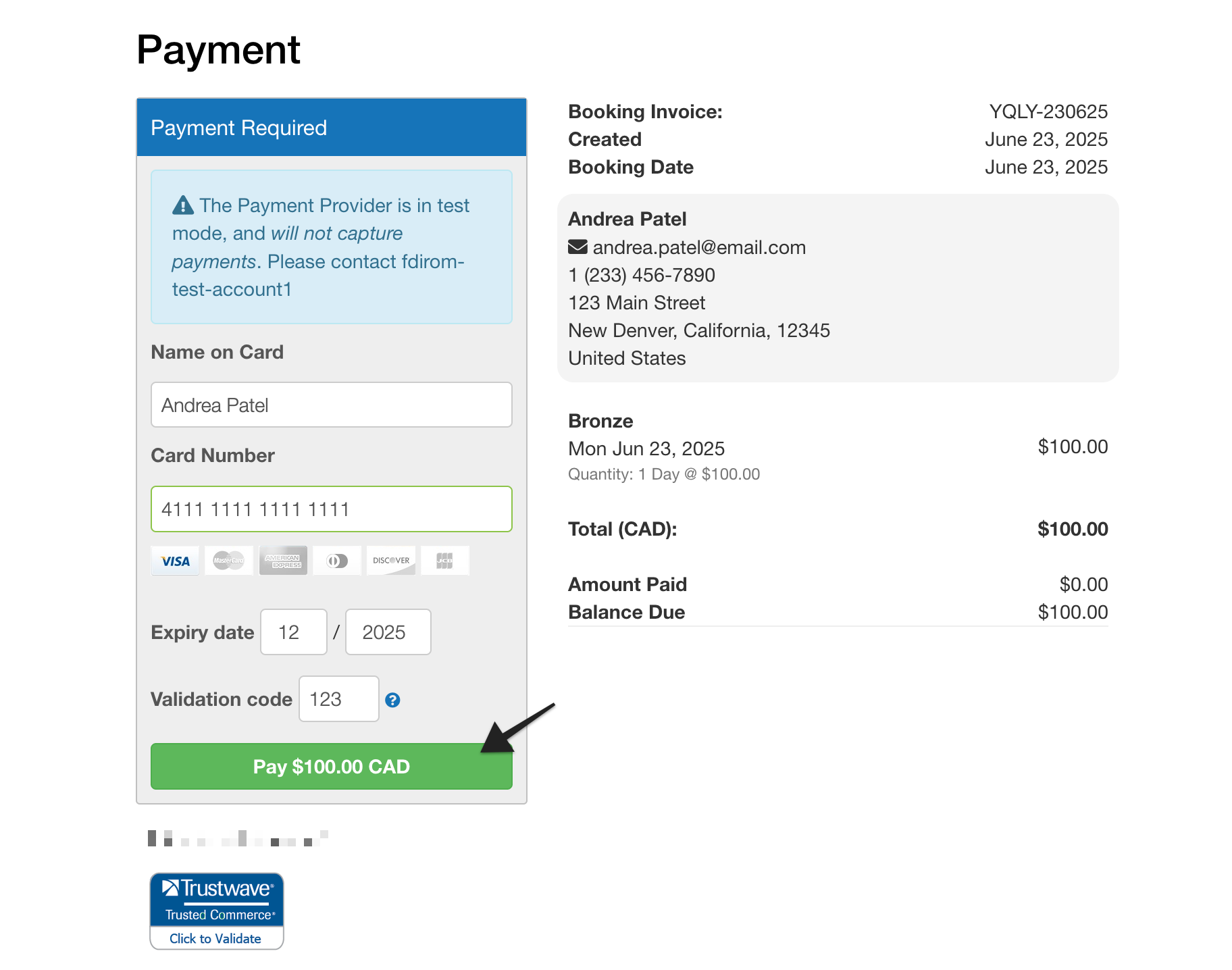 Hosted booking site with ‘Pay’ button highlighted to submit gift card payment details.