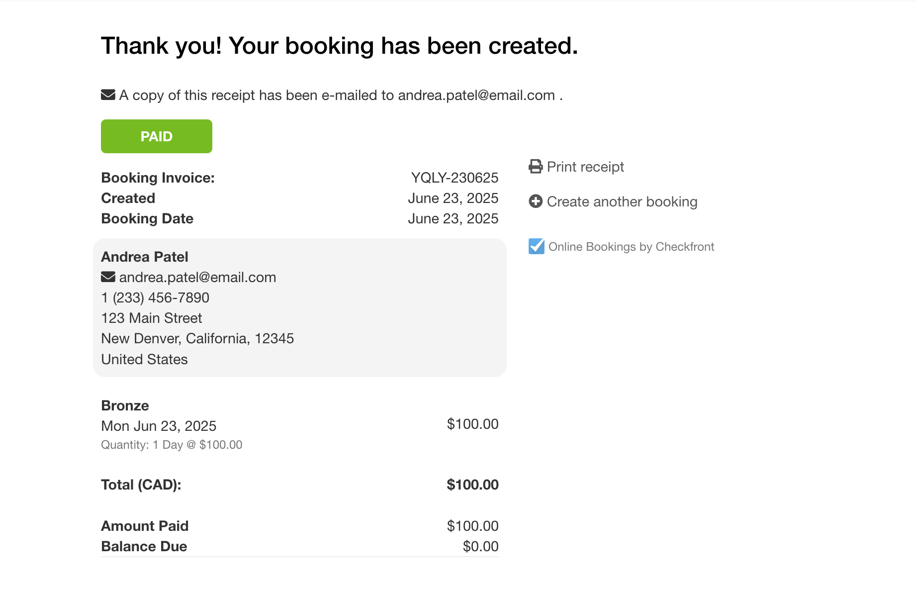 Hosted booking site displaying the gift card purchase receipt page.